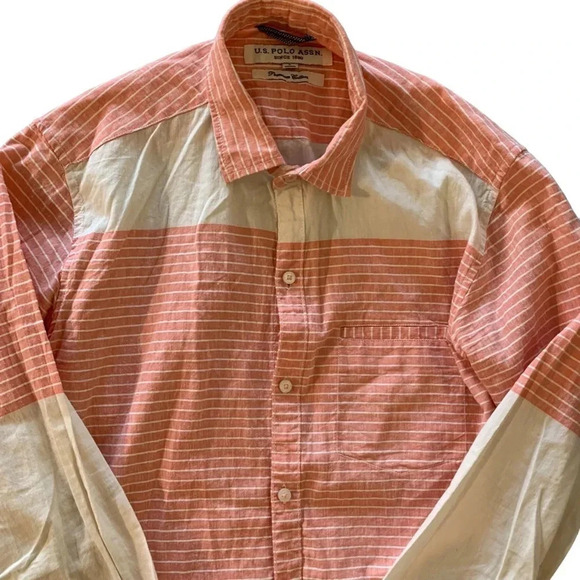 US Polo Assn. men's peach and cream premium cotton long sleeve button up - Picture 3 of 4
